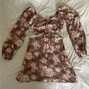 brown pink floral cutout dress